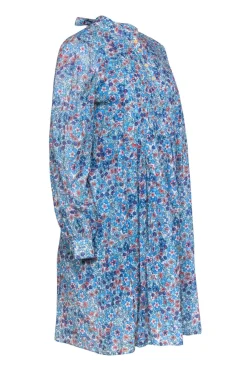 Warm - Blue Floral Print Long Sleeve Pleated Shift Dress Sz 0