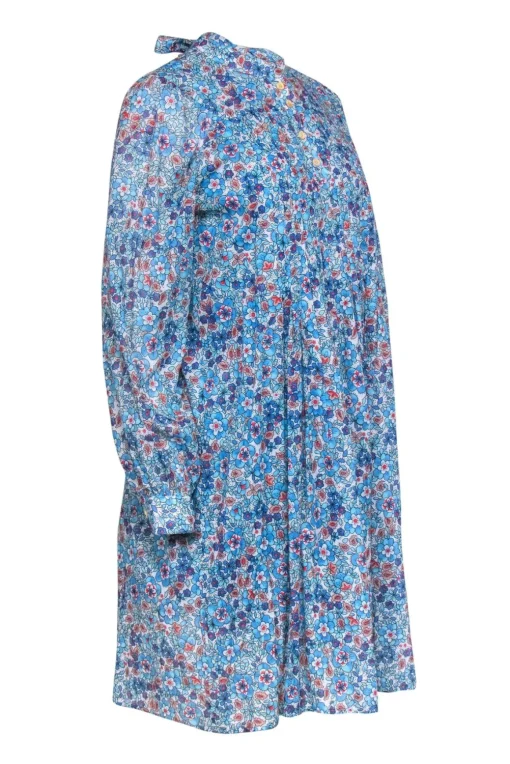 Warm - Blue Floral Print Long Sleeve Pleated Shift Dress Sz 0