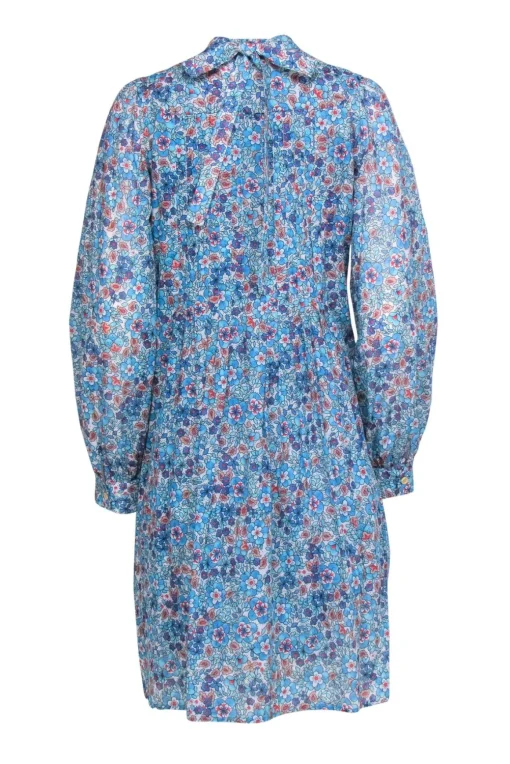 Warm - Blue Floral Print Long Sleeve Pleated Shift Dress Sz 0