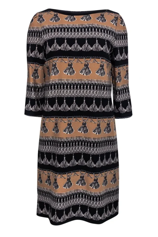 Weekend Max Mara - Tan & Black Shift Dress w/ Tassel Print Sz 10
