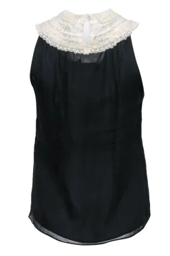 Wendy Hil - Black Sleeveless Silk Blouse w/ Lace Collar Sz S