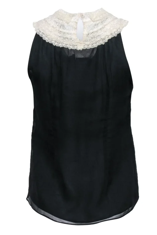 Wendy Hil - Black Sleeveless Silk Blouse w/ Lace Collar Sz S