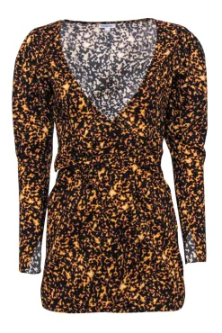 WeWoreWhat - Orange & Black Printed Puff Sleeve Mini Wrap Dress Sz XS
