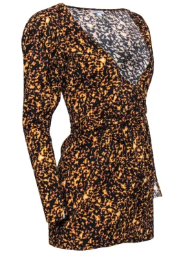 WeWoreWhat - Orange & Black Printed Puff Sleeve Mini Wrap Dress Sz XS