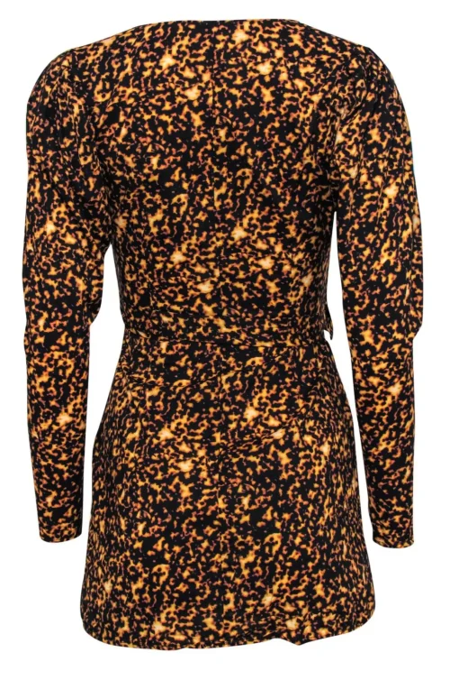 WeWoreWhat - Orange & Black Printed Puff Sleeve Mini Wrap Dress Sz XS