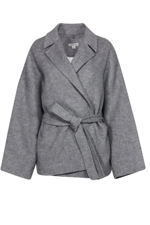 Whistles - Light Grey Open Front Belted Coat Sz M