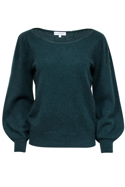 White & Warren - Green Cashmere Blouson Sleeve Sweater Sz L