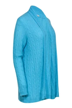 White & Warren - Turquoise Cable Knit Open Front Cashmere Cardigan Sz L