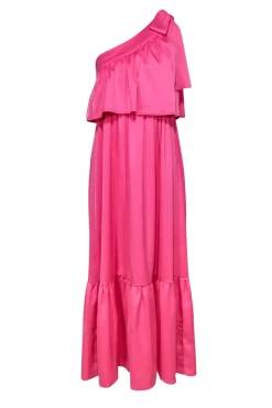 Y.A.S - Bubblegum Pink One-Shoulder "Victoria" Maxi Dress w/ Bow & Flounce Sz XS