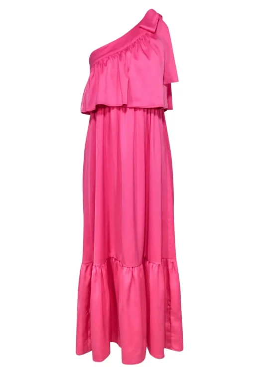 Y.A.S - Bubblegum Pink One-Shoulder "Victoria" Maxi Dress w/ Bow & Flounce Sz XS