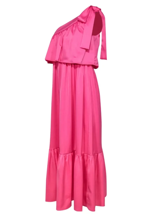 Y.A.S - Bubblegum Pink One-Shoulder "Victoria" Maxi Dress w/ Bow & Flounce Sz XS