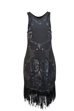 Yoana Baraschi - Black Beaded & Applique Fringe Hem Dress Sz 6