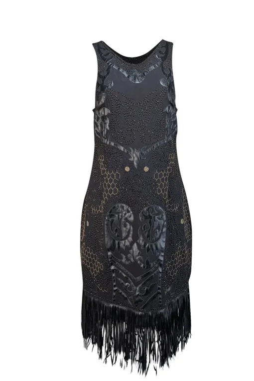 Yoana Baraschi - Black Beaded & Applique Fringe Hem Dress Sz 6