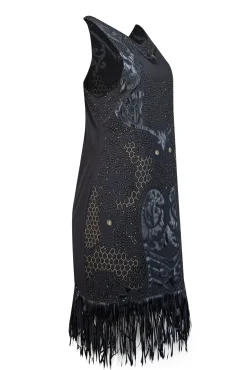 Yoana Baraschi - Black Beaded & Applique Fringe Hem Dress Sz 6