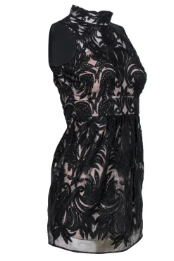 Yoana Baraschi - Black Swirled Mesh Mock Neck Cocktail Dress Sz 00