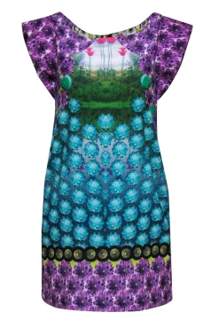 Yoana Baraschi - Blue & Purple Flower Print Dress w/ Garden Scene Sz 4