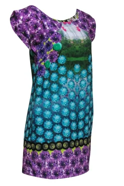 Yoana Baraschi - Blue & Purple Flower Print Dress w/ Garden Scene Sz 4