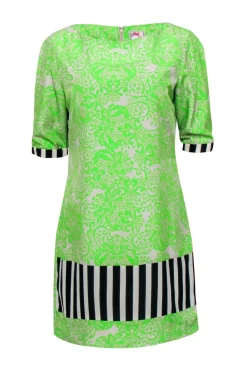 Yoana Baraschi - Neon Green & Grey Bohemian Print Shift Dress w/ Striped Trim Sz 8