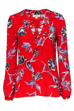 Yumi Kim - Red Floral Print Lace-Up Silk Blouse Sz XS