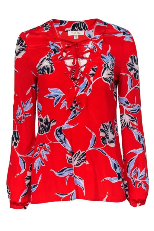 Yumi Kim - Red Floral Print Lace-Up Silk Blouse Sz XS