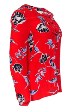 Yumi Kim - Red Floral Print Lace-Up Silk Blouse Sz XS