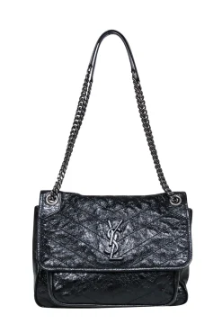 Yves Saint Laurent - Black Patent Leather Chevron "Niki" Shoulder Bag