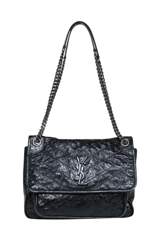 Yves Saint Laurent - Black Patent Leather Chevron "Niki" Shoulder Bag