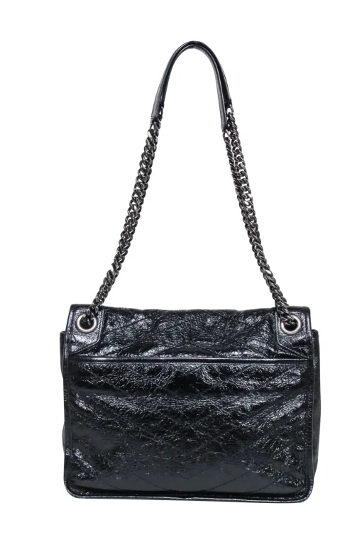 Yves Saint Laurent - Black Patent Leather Chevron "Niki" Shoulder Bag