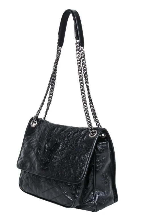 Yves Saint Laurent - Black Patent Leather Chevron "Niki" Shoulder Bag