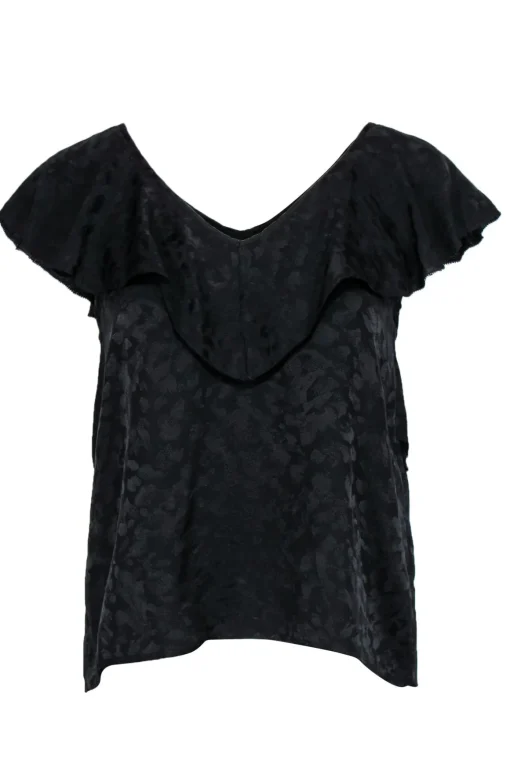 Zadig & Voltaire - Black Silk Ruffled Leopard Spotted V-Neck Tank Sz XS