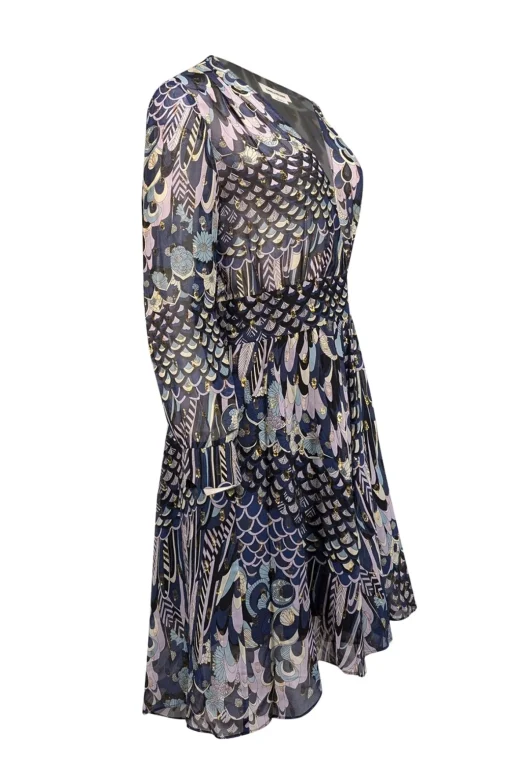Zadig & Voltaire - Navy Mixed Print Silk Dress w/ Metallic Clip Dots Sz S