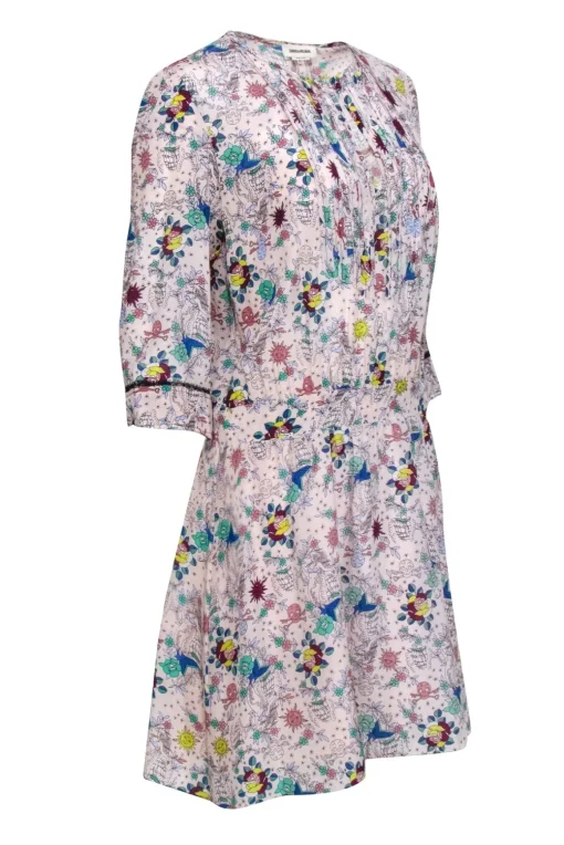 Zadig & Voltaire - Pale Pink Tattoo Print Silk "Remus" Dress Sz L