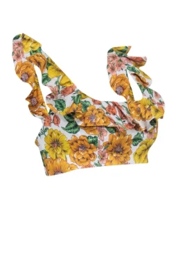 Zimmerman - White w/ Yellow & Peach Floral Print Linen Crop Top Sz 8