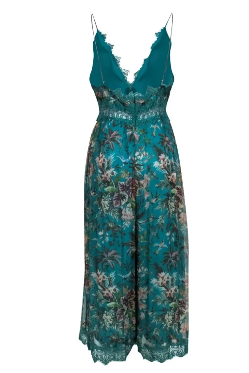 Zimmermann - Teal Floral Print Silk Cami Style Jumpsuit w/ Wide Leg Sz 2