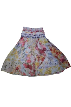 Zimmermann - Yellow & Multicolor Floral Print Ruffled Linen-Silk Skirt Sz 10